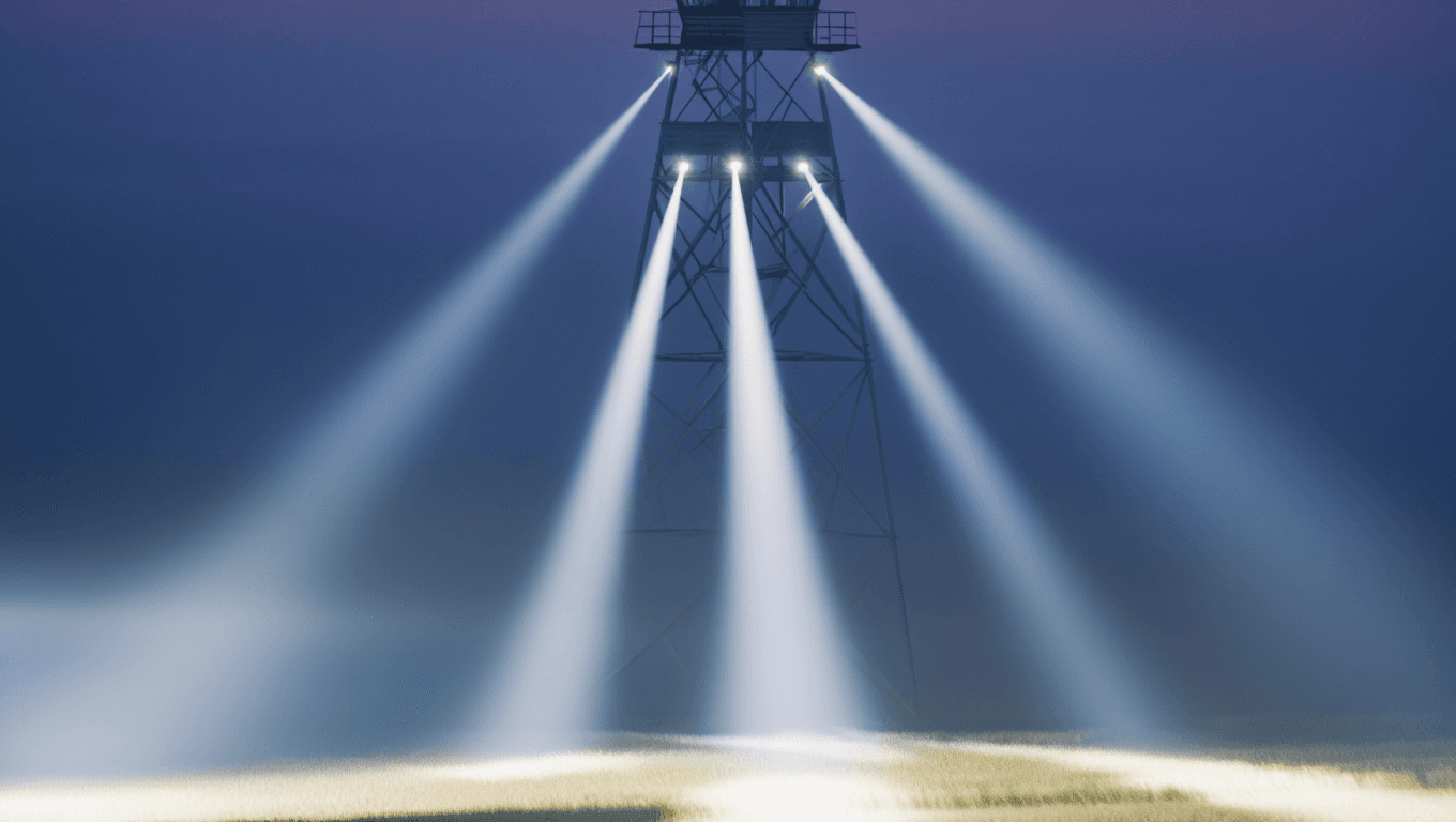 Searchlight tower monitoring the perimeter — continuous monitoring visualization